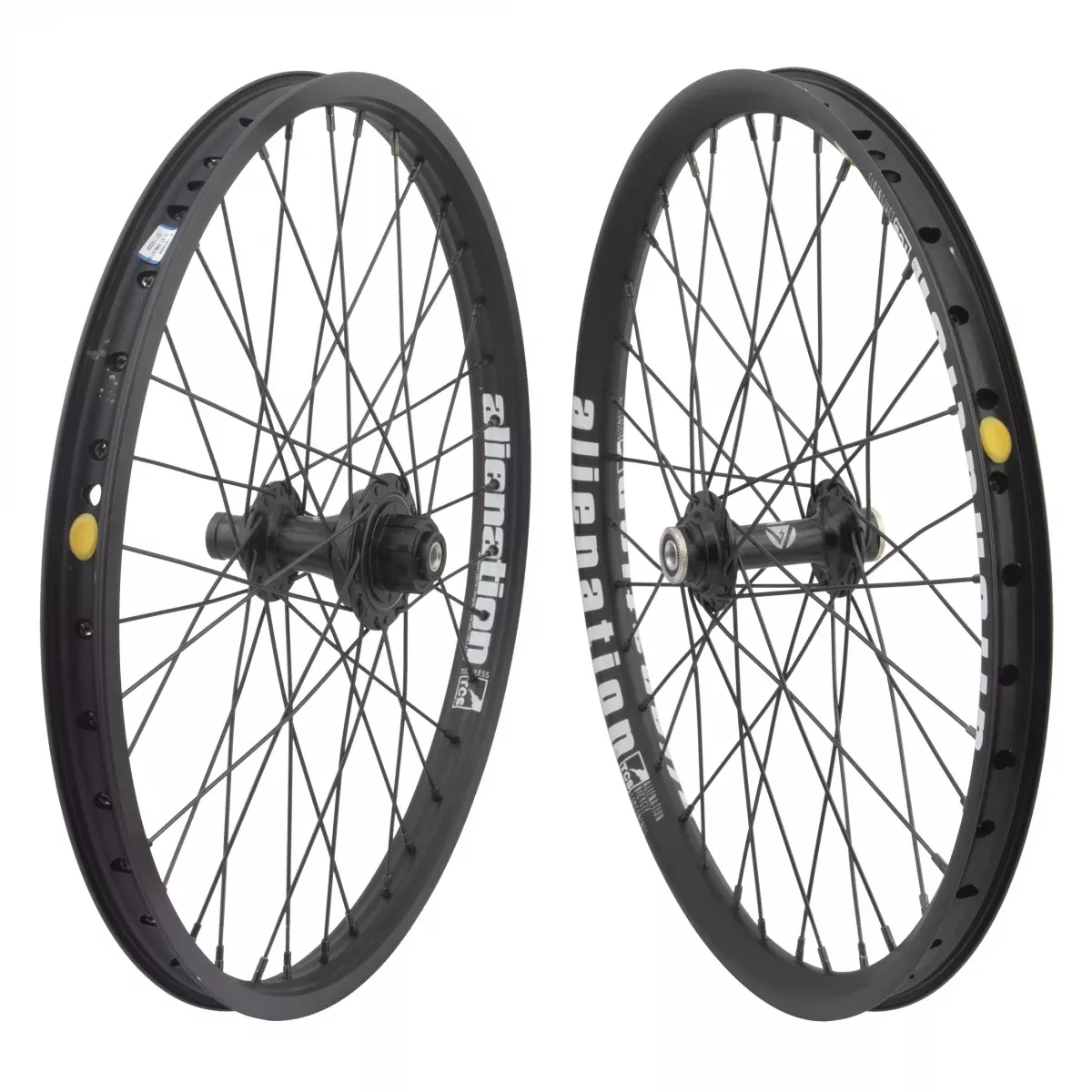 20" Alienation Mischief Alienation Malice Alloy BMX Bicycle Wheelset, Black Double Wall Non-Machined Sidewall Rim, 36 Spoke, Single Speed Cassette 16T, 20in, 20x1.75
